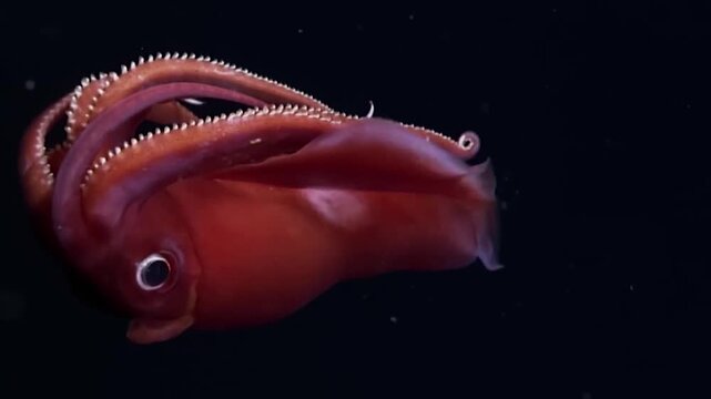 Rare Deep Sea Vampire Squid Swimming, Mysterious Red Vampyroteuthid Marine Life