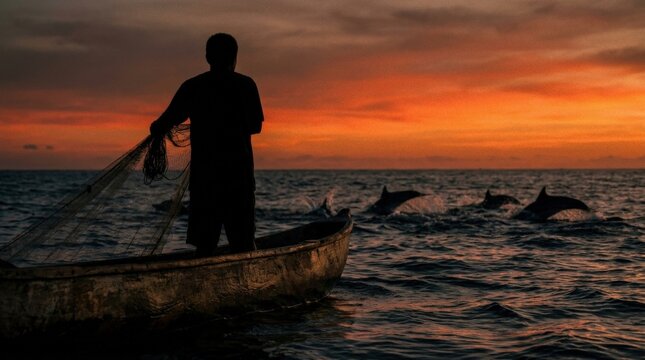 Dolphin migration hidden bay NTT behind silhouetted local fisherman casting net at sunset