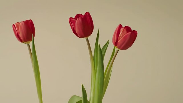 Three vibrant red tulips with green stems against a soft beige background