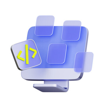 3D illustration of desktop computer with coding symbol and glass panels for software development, web programming, application building, system coding, and tech innovation.