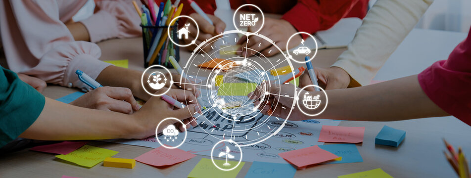 Net zero and sustainability concepts with environmental balance, digital sustainability icons, green energy goals, and eco-conscious digital business transformation for the future. Entice