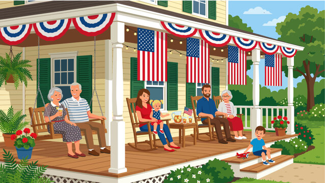Family Front Porch Gathering Vector, Multi Generational Family Relaxing on Porch Swing for 4th of July Celebration