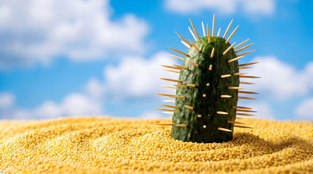 A cactus with toothpicks stuck in it sitting on yellow sand