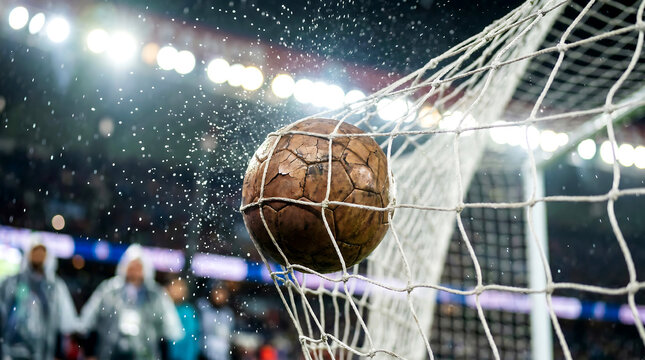 Soccer ball hits the back of the net during a nighttime match with spectators