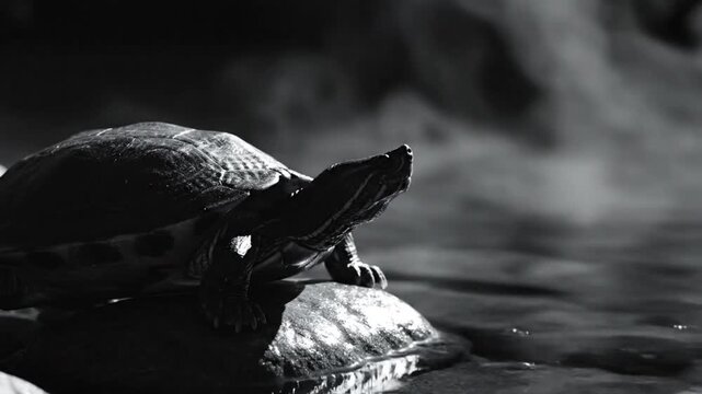 Black and white monochrome shot of a turtle sitting on a rock in water with misty background.
