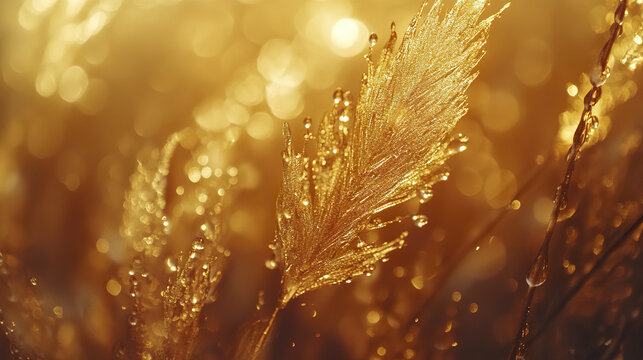 Golden wet reed leaves shimmer with morning dew drops in close up nature scene, creating warm and glowing atmosphere filled with sparkling light and delicate textures