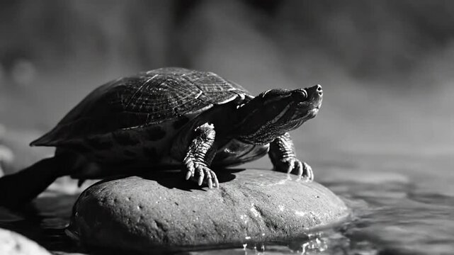 Black and white close-up of a turtle perched on a rock in water with beautiful contrast and artistic lighting