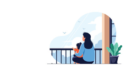 Obraz premium A mother and her child sit peacefully on a balcony, looking out at a beautiful cloudy sky filled with flying birds in this minimalist vector.