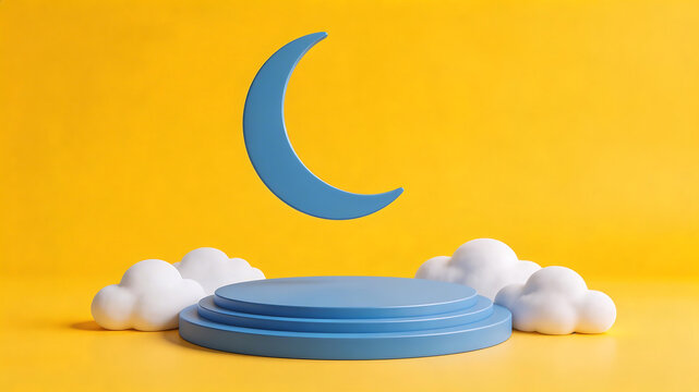 Blue moon and clouds on yellow background for creative digital media and visual arts