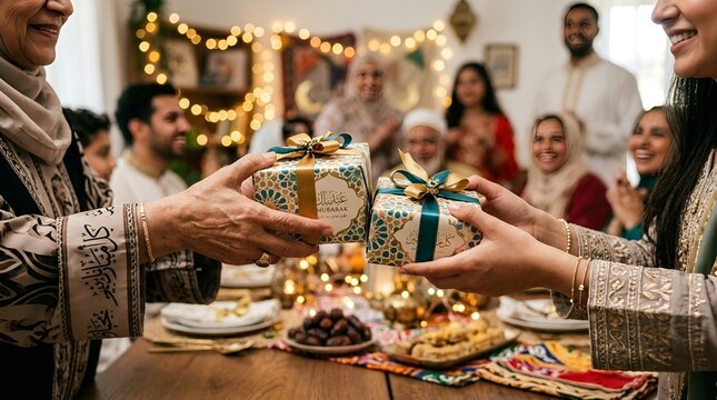 Hands exchanging gift boxes during a family gathering indoors with gift giving receiving exchange celebration gathering happiness excitement tradition decoration relationship together