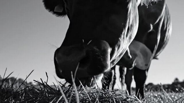 Low-angle monochrome close-up of a cow eating grass in a sunlit field on a clear day