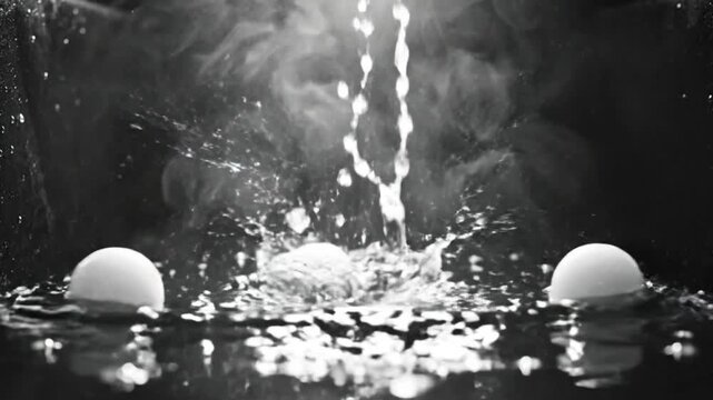 Black and white slow-motion video showing the impact of objects and water splashes in a dark environment
