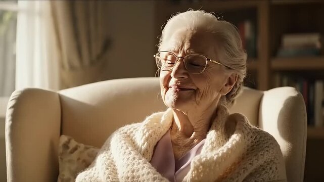 Elderly woman sitting in a chair at home, looking thoughtful and relaxed.