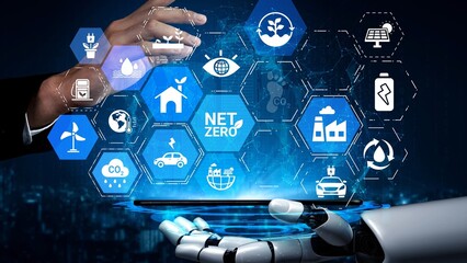 Obraz premium Net zero and sustainability concepts with environmental balance, digital sustainability icons, green energy goals, and eco-conscious digital business transformation for the future. Funnel