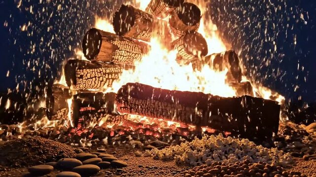 Large bonfire with sparks erupting and popcorn around the base at night with a dark blue sky.