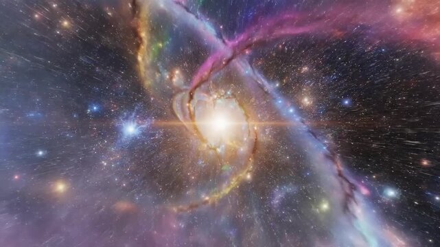 Dynamic space journey flying through glowing nebulas and spiral galaxies with shimmering star trails, illustrating deep space cosmic exploration.