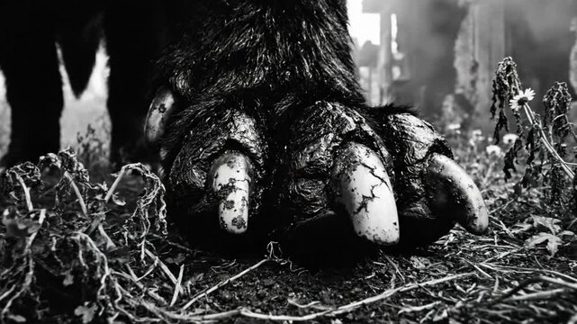 Black and white close up of large bear paw with long claws standing on dirt ground in nature