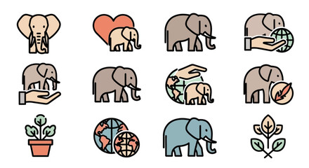 Elephant Family Icons Set: Love, Protection, Earth, Nature, Conservation © ANAK