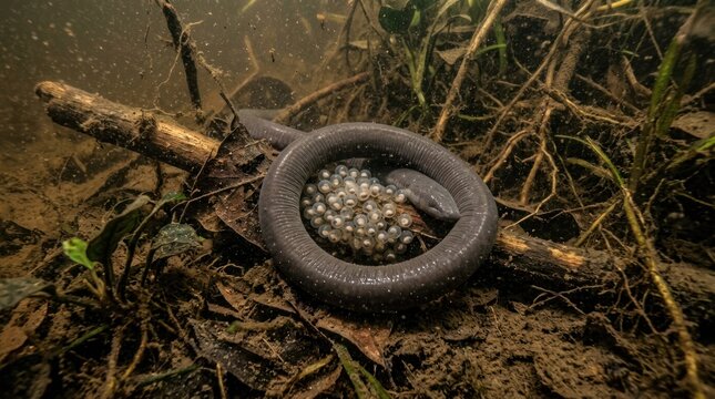 A snake with eggs in its mouth, resting on a log in a muddy, wet environment.