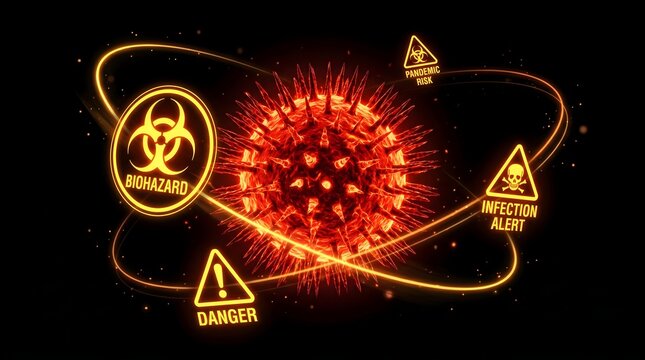 Biohazard virus cell with glowing infection alert icons, microscopic pathogen with danger warning signs, red viral outbreak medical concept