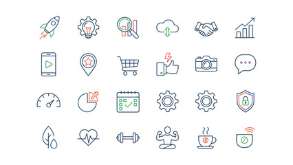 Fototapeta premium Versatile digital marketing and professional productivity line icon collection featuring rocket launches creative ideas statistical analysis teamwork and health wellness icons for web and mobile apps