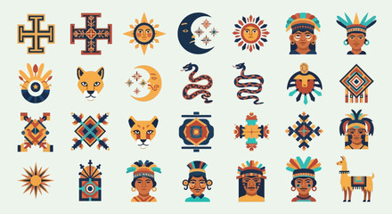 Mayan Aztec Tribal Symbols Vector Art: Sun, Moon, Jaguar, Llama, People, Patterns © ANAK