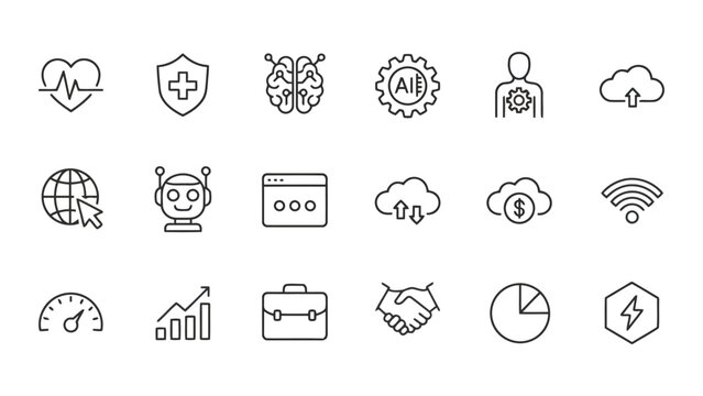 Professional collection of business and technology outline icons covering artificial intelligence cloud connectivity and professional services for corporate website design and digital marketing assets