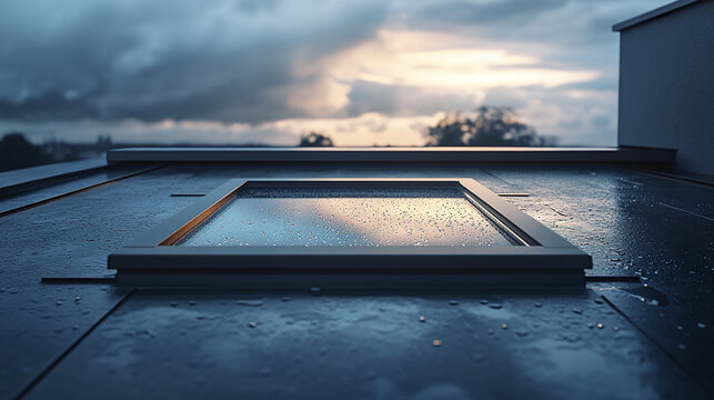 Modern skylight window on wet flat roof reflects cloudy sky at dusk, creating calm and serene atmosphere with soft natural light and raindrops on glass surface