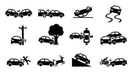 Fototapeta premium Black silhouette icons showing various car accident scenarios like collisions, rollovers and crashes with obstacles or pedestrians, representing road safety education or insurance claims