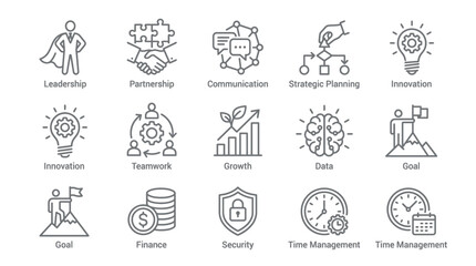 Fototapeta premium Business management thin line icons set featuring leadership, teamwork, growth, data and security, illustrating professional corporate strategy and providing visual resources for marketing