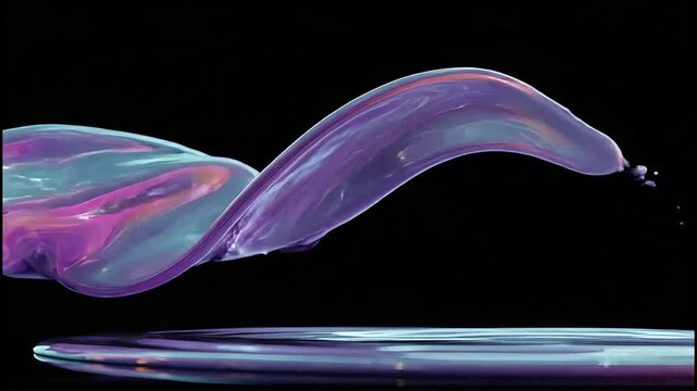 Fluid art with purple and turquoise ribbons flowing against black