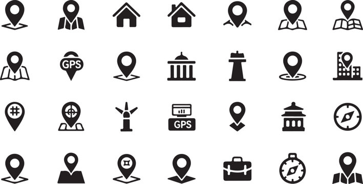 Collection of navigation and location icons on white background