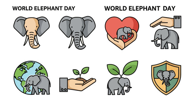 World Elephant Day Icons: Elephants, Earth, Heart, Protection, Growth
