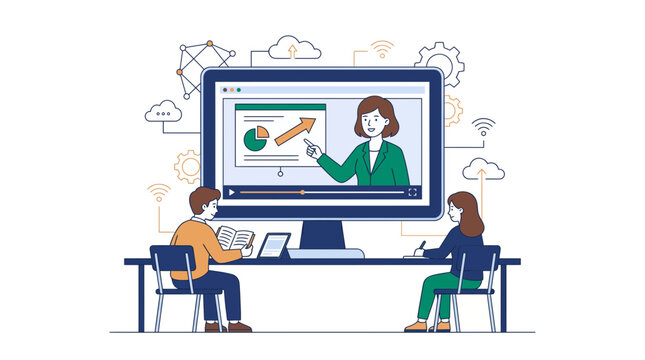 Vector illustration of students watching an online business presentation on a computer monitor with icons, provides digital education solutions, illustrating remote learning technology