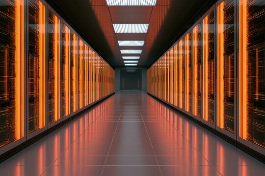 Mainframe computer racks glowing with neon orange light in a centralized data facility with symmetrical perspective for web hosting marketing