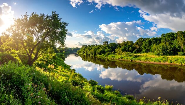 Serene river landscape with green trees.