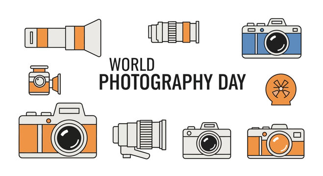 World Photography Day Celebration with Vintage and Modern Camera Icons