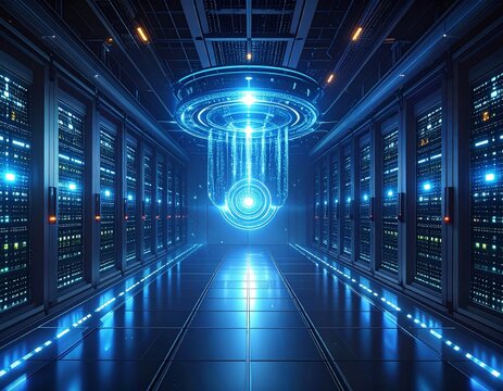 Futuristic artificial intelligence core glowing inside a dark data center, holographic interfaces floating in the air, cinematic sci-fi atmosphere