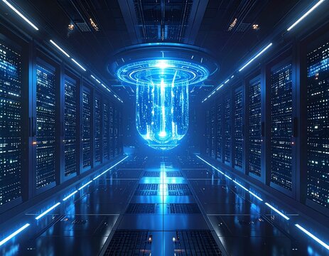 Futuristic artificial intelligence core glowing inside a dark data center, holographic interfaces floating in the air, cinematic sci-fi atmosphere