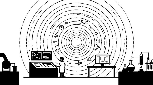 Scientist in laboratory working with cosmic data map