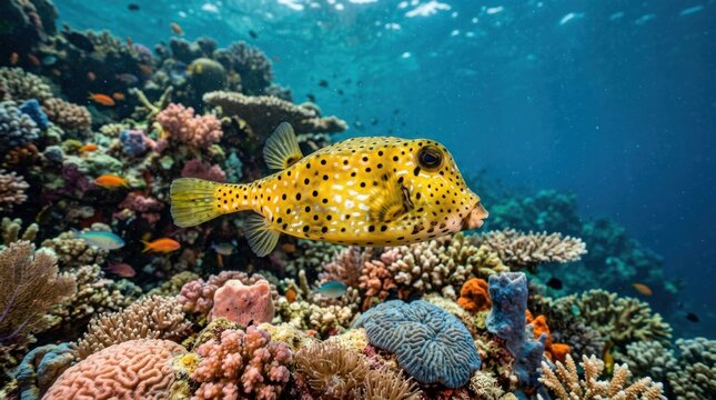 A vibrant underwater scene with a yellow boxfish swimming over a coral reef.