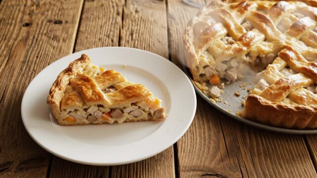 Delicious chicken pot pie slice on a white plate with lattice crust and whole pie on wooden table ready to eat