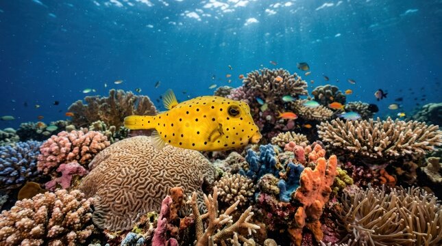 A vibrant underwater scene with a yellow boxfish swimming among colorful coral formations. The marine life concept of marine life and biodiversity.