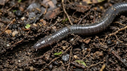 Fototapeta premium A black earthworm crawling on the ground. The earthworm concept of soil and nature.