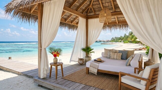 Luxurious thatchedroof beach cabana with daybed and white curtains overlooking a pristine tropical ocean and white sand beach