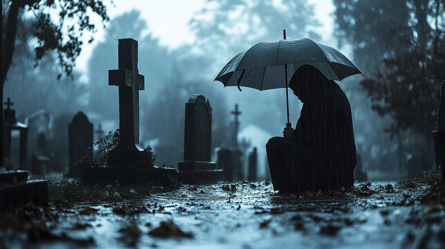 Grieving person kneeling at rain soaked cemetery holding black umbrella, surrounded by tombstones and somber, misty atmosphere evoking deep sorrow and reflection