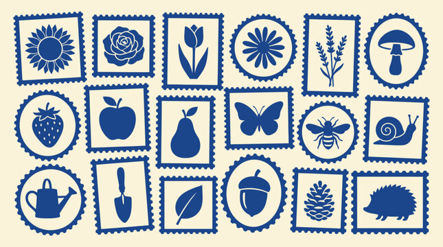 Botanical Nature Postage Stamp Collection with Garden Flowers Fruits Insects and Wildlife for Scrapbooking, Sticker Design, and Nature-Themed Branding