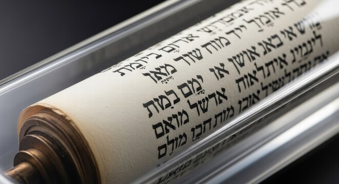 Close-up of ancient Hebrew scroll with religious text inside a protective case