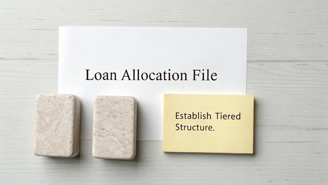 Document titled Loan Allocation File with sticky note and stone blocks on a light wooden surface showcasing organization and planning in financial management