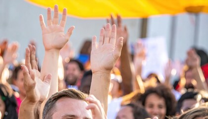 Obraz premium Crowd of people raising their hands.